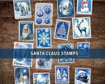 Fake Blue Christmas Stamps, Junk Journal Kit, Digital Download, Printable Pages, Victorian Style, Vintage Ephemera, Santa Claus, Scrapbook