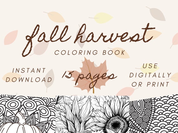 Fall Harvest 15 Page Coloring Book  Adult Coloring Book