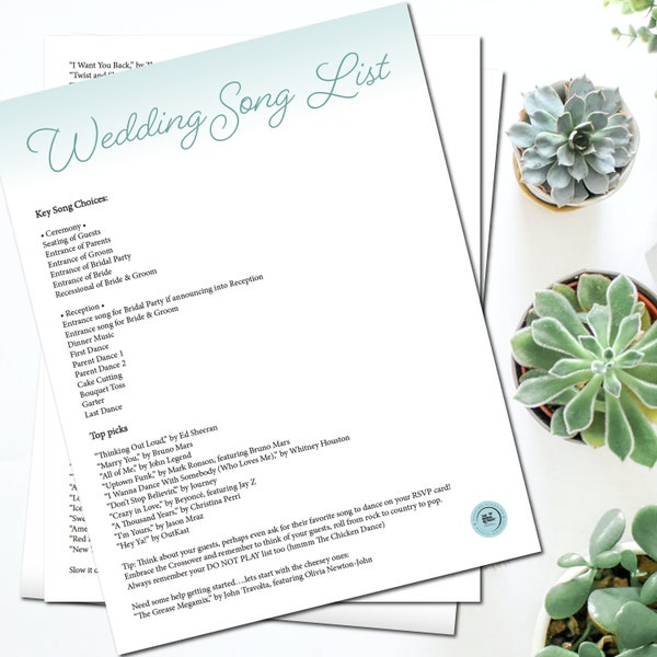 Printable Wedding Playlist Guide, Wedding Song List, Wedding Music Planner, Instant Download