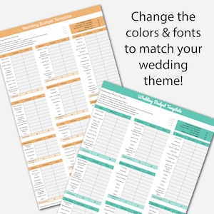 Peut inclure: Deux mod&egrave;les de budget de mariage imprimables. Le premier mod&egrave;le est sur un fond orange clair avec du texte noir. Le deuxi&egrave;me mod&egrave;le est sur un fond bleu clair avec du texte blanc. Les deux mod&egrave;les ont le texte "Wedding Budget Template" en haut. Le texte "Changez les couleurs et les polices pour correspondre &agrave; votre th&egrave;me de mariage !" est en noir sur fond blanc.