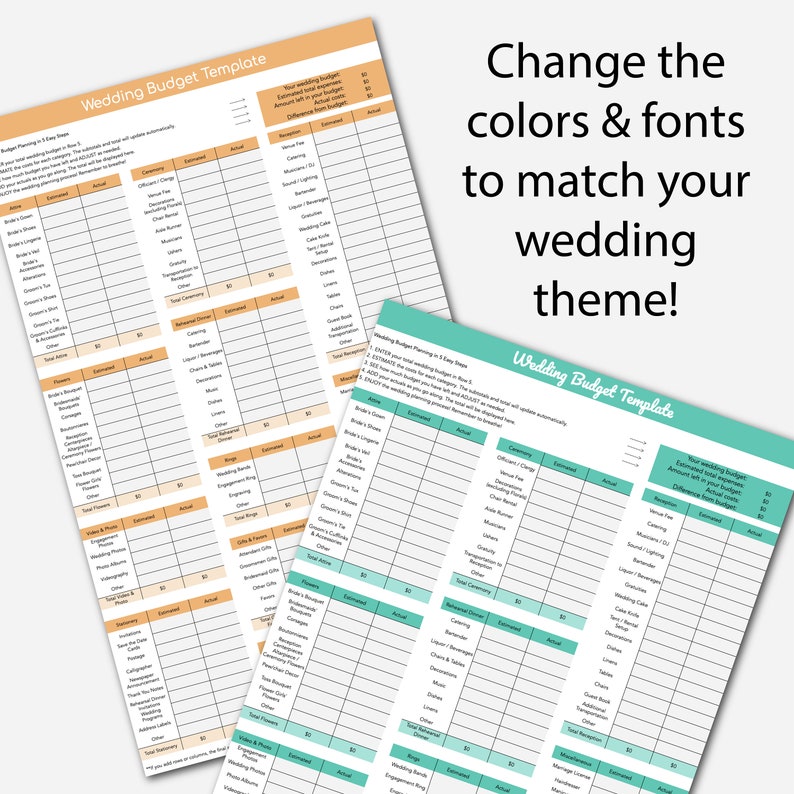 Peut inclure: Deux mod&egrave;les de budget de mariage imprimables. Le premier mod&egrave;le est sur un fond orange clair avec du texte noir. Le deuxi&egrave;me mod&egrave;le est sur un fond bleu clair avec du texte blanc. Les deux mod&egrave;les ont le texte "Wedding Budget Template" en haut. Le texte "Changez les couleurs et les polices pour correspondre &agrave; votre th&egrave;me de mariage !" est en noir sur fond blanc.