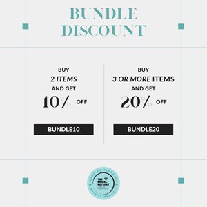 Peut inclure: Un graphique blanc et turquoise avec le texte "BUNDLE DISCOUNT" en haut. Le graphique pr&eacute;sente deux options de r&eacute;duction&nbsp;: achetez 2 articles et obtenez 10&nbsp;% de r&eacute;duction, ou achetez 3 articles ou plus et obtenez 20&nbsp;% de r&eacute;duction. Le graphique comprend &eacute;galement le texte "BUNDLE10" et "BUNDLE20".