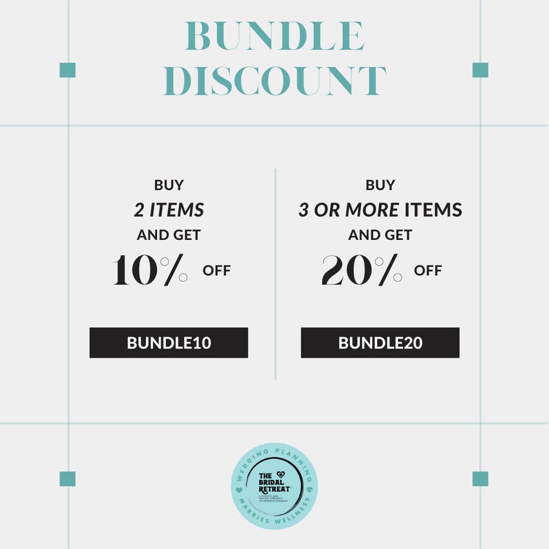 Peut inclure: Un graphique blanc et turquoise avec le texte "BUNDLE DISCOUNT" en haut. Le graphique pr&eacute;sente deux options de r&eacute;duction&nbsp;: achetez 2 articles et obtenez 10&nbsp;% de r&eacute;duction, ou achetez 3 articles ou plus et obtenez 20&nbsp;% de r&eacute;duction. Le graphique comprend &eacute;galement le texte "BUNDLE10" et "BUNDLE20".