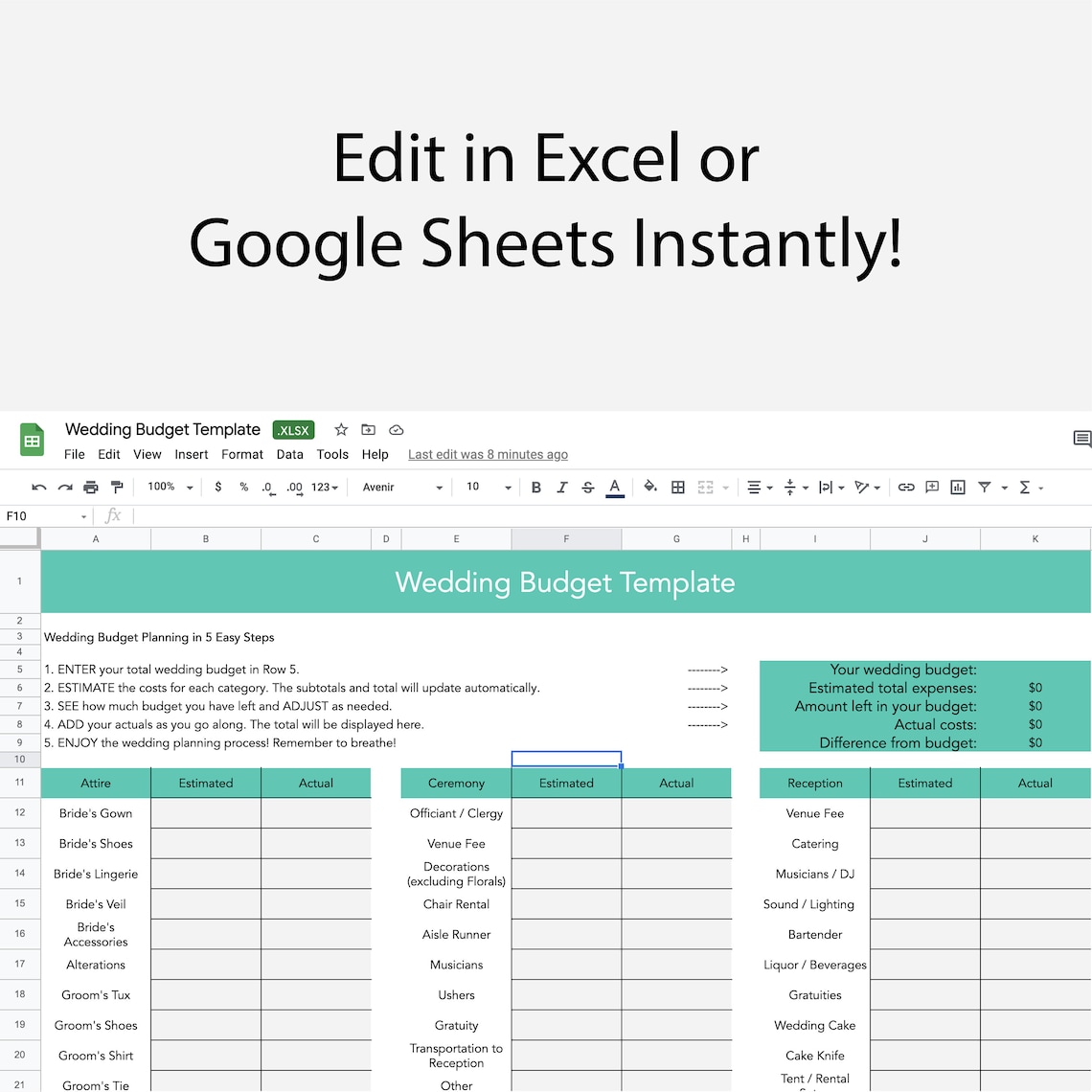 Editable Wedding Budget Template, Easy Excel Template, Spreadsheet for ...