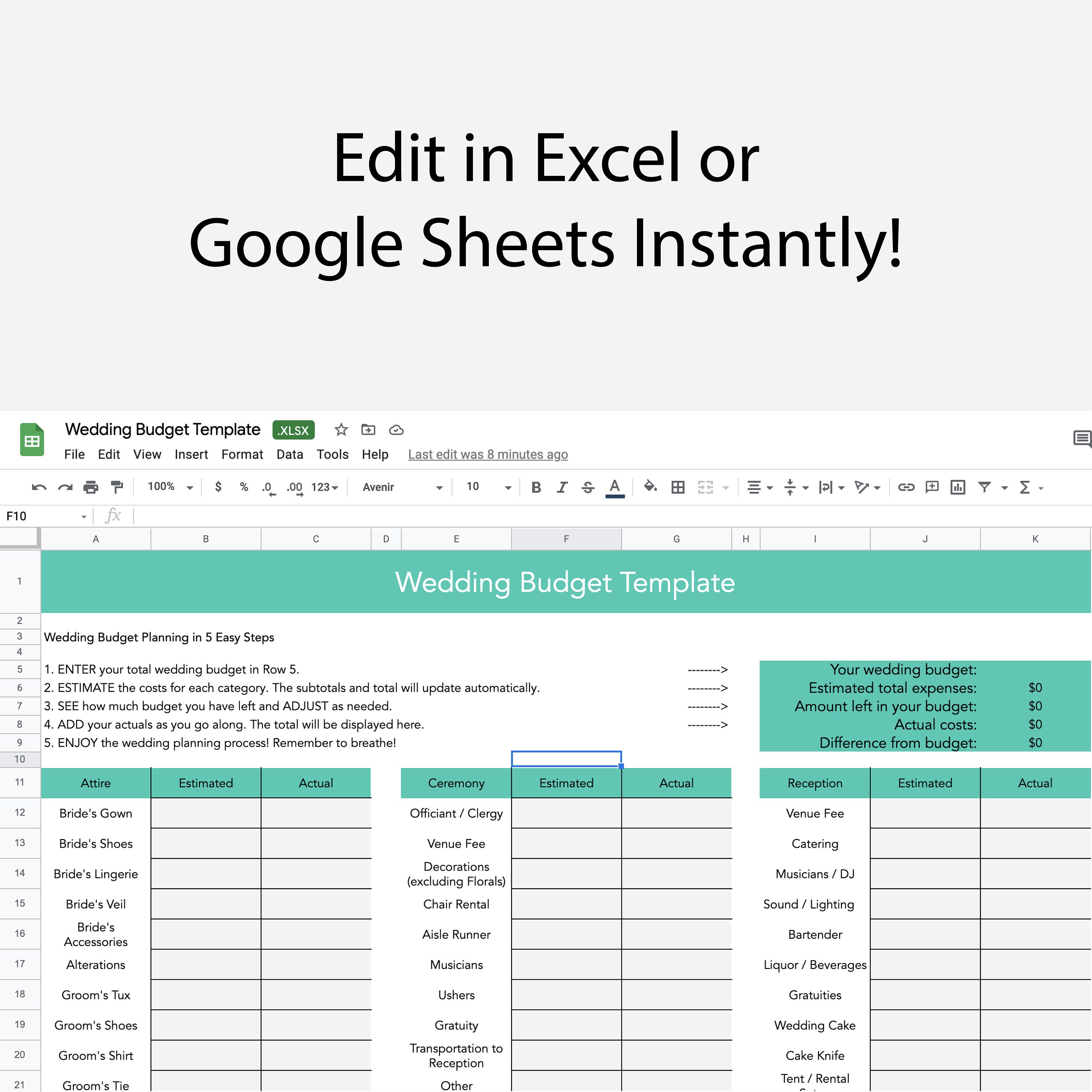 Editable Wedding Budget Template, Easy Excel Template, Spreadsheet for ...