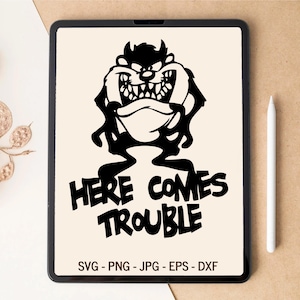 Hier komen problemen SVG, Tasmaanse duivel SVG, T-shirtontwerp, Tumblerontwerp, Lasergesneden bestanden, Digitale download, SVG-bestanden voor Cricut
