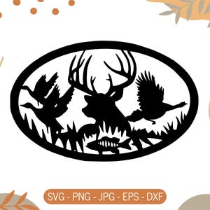May include: Black and white silhouette of a deer with antlers, two birds, and a fish in an oval shape. The deer is in the center of the oval, with the birds on either side and the fish at the bottom.