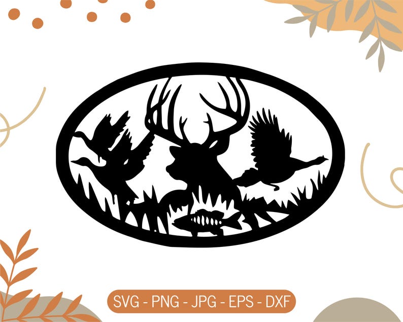 May include: Black and white silhouette of a deer with antlers, two birds, and a fish in an oval shape. The deer is in the center of the oval, with the birds on either side and the fish at the bottom.