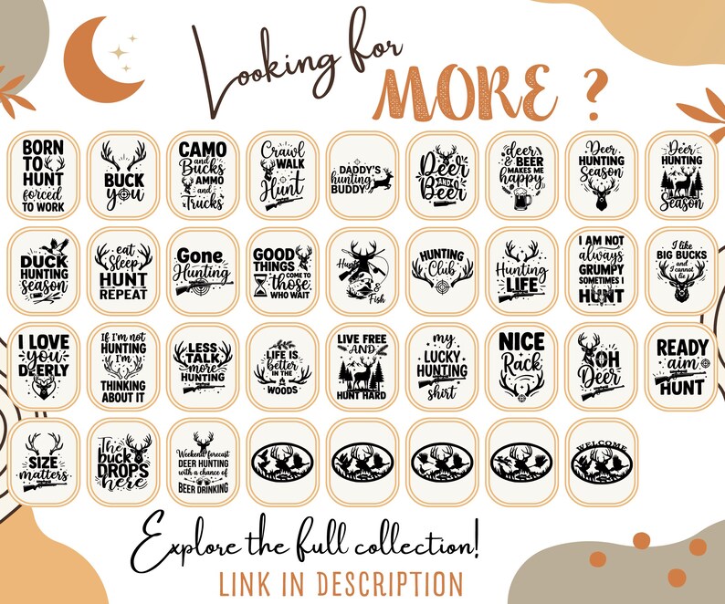 May include: A collection of thirty-eight rectangular digital graphics featuring black text and hunting-themed illustrations, including deer, antlers, and rifles. The designs contain phrases like Born to Hunt, Duck Hunting Season, and I Love You Deerly.