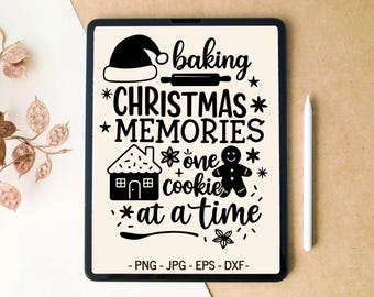 May include: A digital tablet screen displays a black graphic design on a cream background featuring a Santa hat, a rolling pin, a gingerbread house, and a gingerbread man with the text: baking CHRISTMAS MEMORIES one cookie at a time.