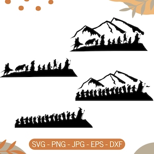 Könnte beinhalten: Eine Sammlung von vier schwarzen Silhouetten-Designs, die Gruppen von Figuren in einer Reihe zeigen, teilweise mit einem Pferd oder vor Berggipfeln. Der Text SVG - PNG - JPG - EPS - DXF ist am unteren Rand des Bildes zu sehen.