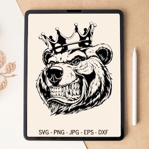 Bear SVG, King SVG, Crown SVG, Grizzly bear SVG, Design de camiseta, Design de copo, Arquivos de corte a laser, Arquivos SVG para Cricut, Designs de sublimação