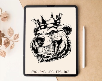 Bear SVG, King SVG, Crown SVG, Grizzly bear svg, T-shirt Design, Tumbler Design, Laser cut files, svg files for Cricut, Sublimation Designs