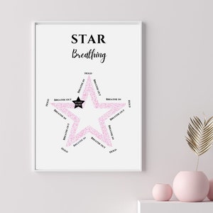 May include: A printable poster featuring a pink glitter star and the text "STAR Breathing" with instructions for a breathing exercise. The instructions include "Breathe In", "Breathe Out", and "Hold".