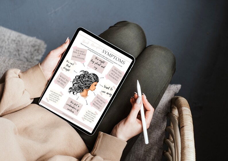 May include: A digital illustration of a woman's face with the word "Symptoms" at the top of the page. The illustration is surrounded by a pink and white background with text describing symptoms of a panic attack. The text includes "You may feel a surge of adrenaline", "You might feel physically sick and nauseous", "You might hug plead and cry", "You feel a rollercoaster of emotions", "Want to scream or yell", "You can't think straight", "You might find it hard to breathe", "Need to run away", "We might say things that we can't take back later".