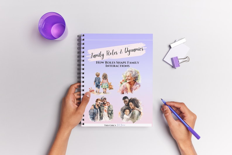 May include: A purple spiral bound notebook with the title "Family Roles & Dynamics: How Roles Shape Family Interactions". The cover features watercolor illustrations of different family members, including a young boy, a girl, an older woman, and a couple with a child.