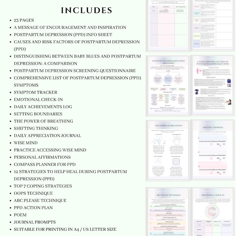 May include: A digital download featuring 23 pages of resources for postpartum depression support. Includes info sheets, symptom trackers, and coping strategies. Suitable for A4/US letter size printing.