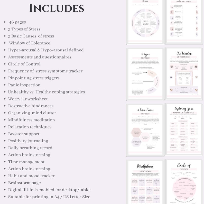 Peut inclure: Un classeur imprimable avec des illustrations et du texte roses et blancs. Le classeur comprend 46 pages et couvre des sujets tels que la gestion du stress, la pleine conscience et les strat&eacute;gies d'adaptation. Le texte comprend les mots "INCLUDES", "WHEEL", "SELF CARE", "3 Types of Stress", "The Window of Tolerance", "3 Basic Causes of Stress", "Exploring your Window of Tolerance", "Mindfulness Meditation", "Circle of Control".