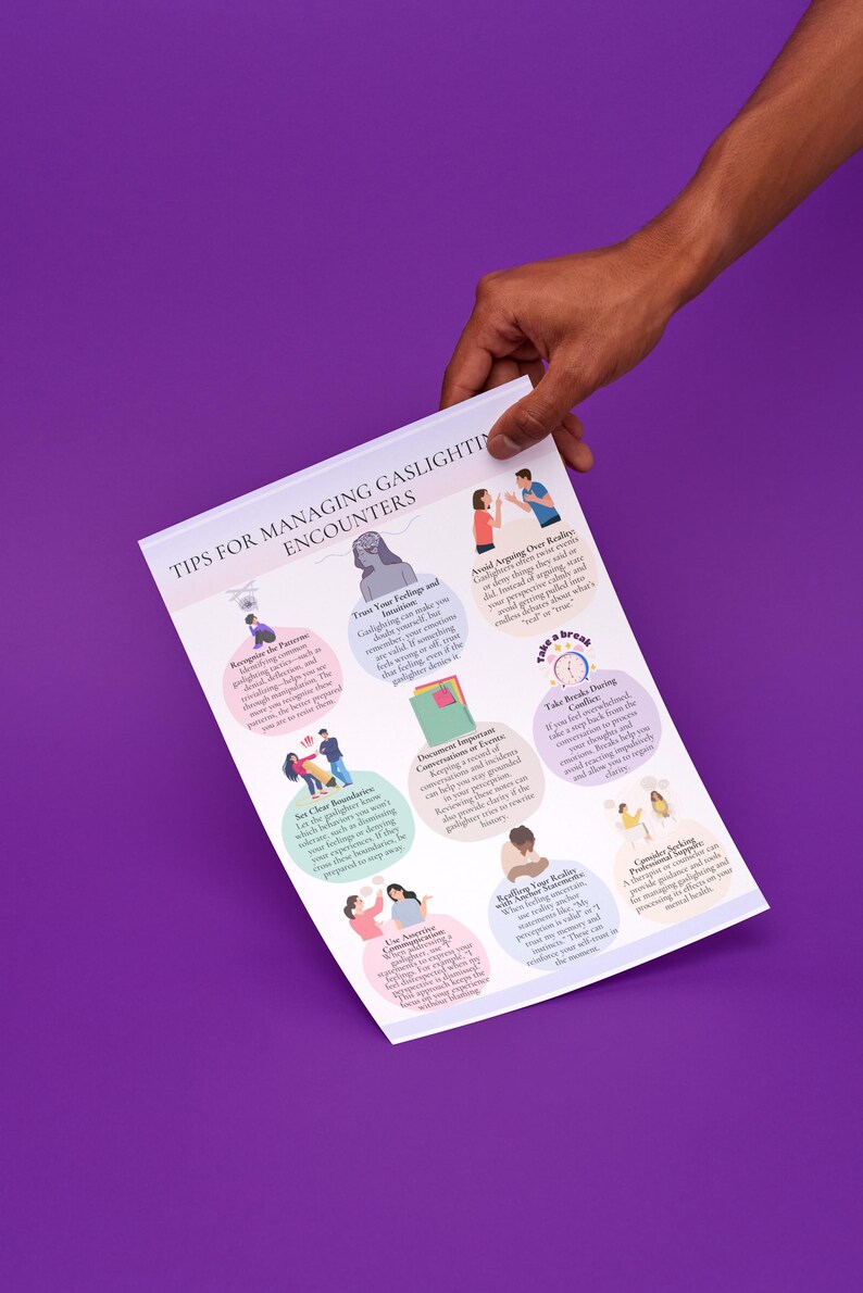 May include: A colourful infographic with tips for managing gaslighting encounters. The infographic features illustrations of people in various situations, along with text describing different strategies for dealing with gaslighting.