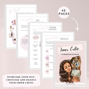 Pu&ograve; includere: Un quaderno di lavoro intitolato "Inner Critic" con un'illustrazione di una donna e una tigre. Il quaderno ha 42 pagine e include testo come "Supera la tua autocritica e fai tacere il tuo critico interiore."