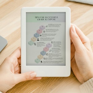 May include: A white e-reader displaying a list of tips for successful gradual exposure. The tips are organised in a pyramid shape with each level representing a different stage of exposure. The e-reader is being held by a person's hands.