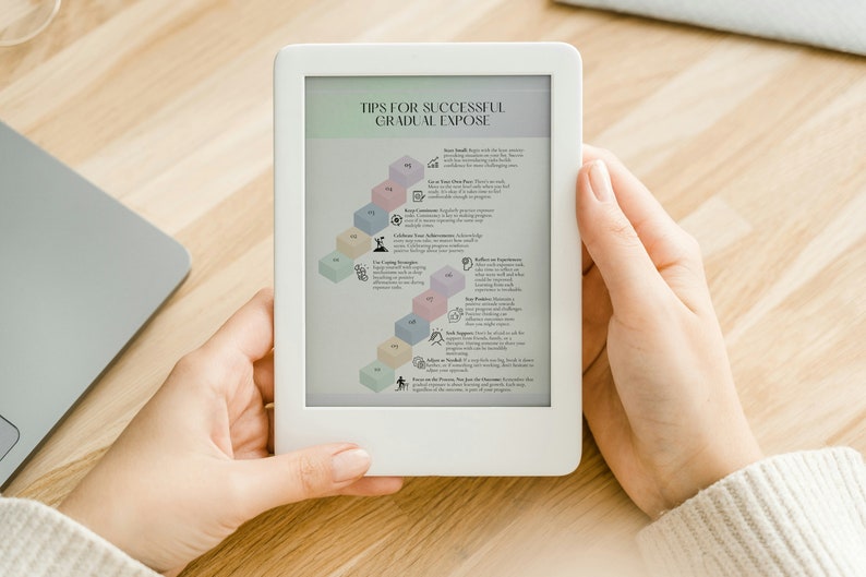 May include: A white e-reader displaying a list of tips for successful gradual exposure. The tips are organised in a pyramid shape with each level representing a different stage of exposure. The e-reader is being held by a person's hands.