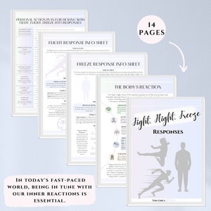 K&ouml;nnte beinhalten: Ein druckbares Arbeitsblatt mit dem Titel "Fight, Flight, Freeze Responses" und dem Text "In der heutigen schnelllebigen Welt ist es wichtig, mit unseren inneren Reaktionen im Einklang zu sein." Das Arbeitsblatt ist in Abschnitte mit Informationen &uuml;ber die Kampf-, Flucht- und Erstarrungsreaktionen unterteilt.