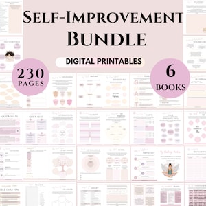 May include: A digital printable self-improvement bundle with 6 books and 230 pages. The bundle includes worksheets, checklists, and other tools to help you improve your life. The cover features a pink and white color scheme with illustrations of a woman meditating and a tree.
