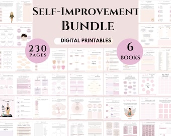 May include: A digital printable self-improvement bundle with 6 books and 230 pages. The bundle includes worksheets, checklists, and other tools to help you improve your life. The cover features a pink and white color scheme with illustrations of a woman meditating and a tree.