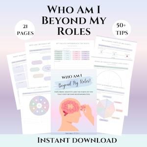 Op de afbeelding: Een digitaal werkboek van 21 pagina's getiteld Who Am I Beyond My Roles, met 50+ tips voor het verkennen van identiteit. De omslag toont een menselijk hoofdprofiel met een puzzelstukjesbrein, naast diverse grafieken en schema's.