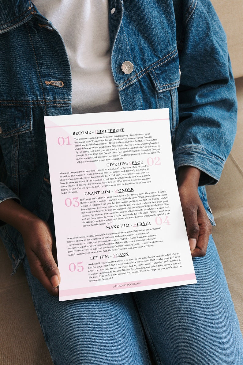 May include: A pink and black motivational poster with the text "Become Indifferent" and "Give Him Space" in pink. The poster is divided into five sections, each with a number and a title. The poster is held by a person's hands.