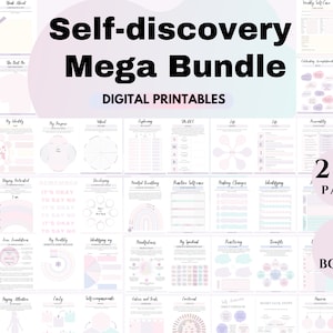 May include: A digital printable self-discovery workbook bundle with a pink and purple color scheme. The cover features the text "Self-discovery Mega Bundle" and "Digital Printables". The bundle includes 216 pages and 8 books.