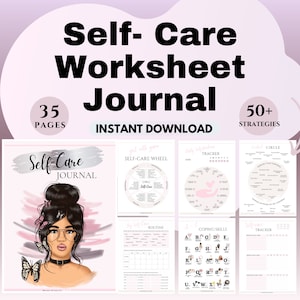 Puede incluir: Un diario de trabajo de autocuidado imprimible con 35 páginas y más de 50 estrategias. La portada presenta a una mujer con cabello oscuro y gafas, mariposas y el texto "Self-Care Journal".