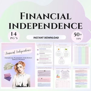 May include: A digital download guide for financial independence with 14 pages and 50+ tips. The guide is designed for newly single women and includes tips on managing income, expenses, and investments. The cover features a woman with a pink background.