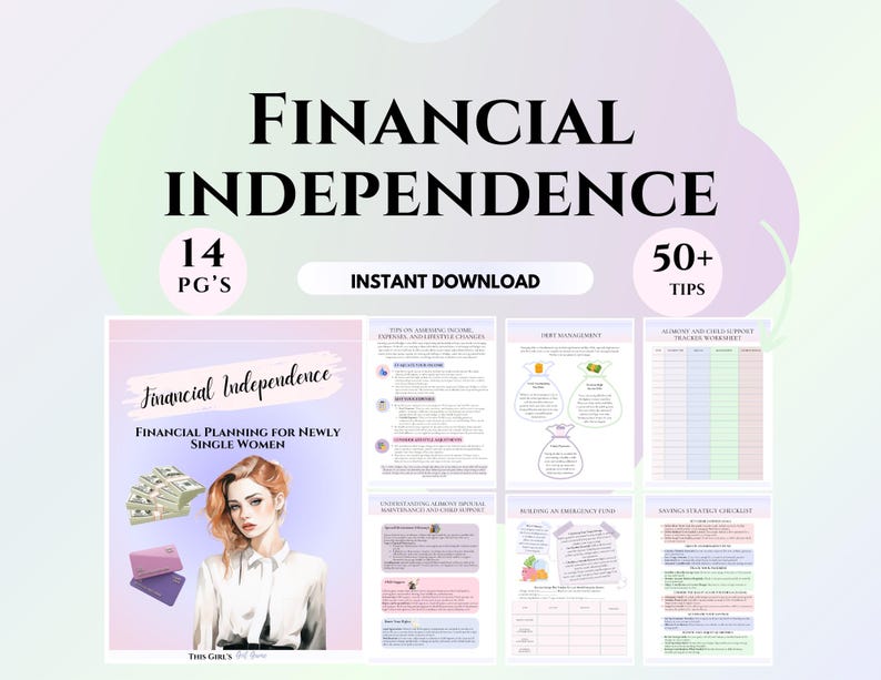 May include: A digital download guide for financial independence with 14 pages and 50+ tips. The guide is designed for newly single women and includes tips on managing income, expenses, and investments. The cover features a woman with a pink background.