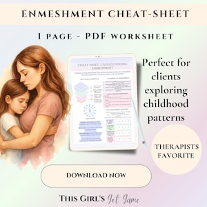 以下が含まれることがあります： 「Enmeshment Cheat-Sheet」というタイトルのデジタルワークシート。水彩画の母親と子供のイラスト。テキストには「1ページ - PDFワークシート」と「Download Now」が含まれています。追加のテキストは「Perfect for clients exploring childhood patterns」と書かれています。