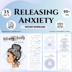 Puede incluir: Una descarga digital titulada "Releasing Anxiety" con 35 páginas y más de 50 consejos. La portada presenta el perfil de una mujer con un peinado con temática de biblioteca. Incluye páginas de diario, técnicas de relajación y un rastreador de estado de ánimo.