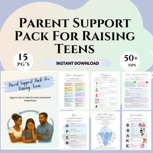Puede incluir: Una descarga digital titulada "Parent Support Pack for Raising Teens". El paquete incluye 15 páginas de hojas de trucos rápidas y más de 50 consejos para una crianza segura. La imagen presenta ilustraciones y texto, incluyendo "Descarga instantánea."