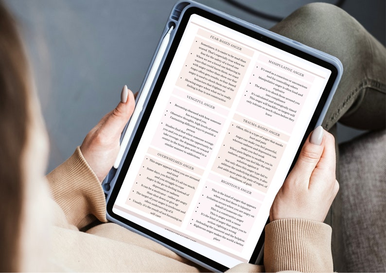 Op de afbeelding: Een digitale tablet die een lijst met verschillende soorten woede weergeeft, waaronder angstgebaseerde woede, manipulatieve woede, wraakzuchtige woede, trauma-gebaseerde woede, overweldigde woede en rechtvaardige woede. Elk type woede wordt beschreven met opsommingstekens.