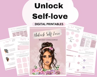 Könnte beinhalten: Eine druckbare 10-Tage-Challenge zur Selbstliebe mit rosa Hintergrund und einer digitalen Illustration einer Frau mit braunen Haaren und Blumen. Der Text "Unlock Self-Love" befindet sich in einem rosa Kasten mit weißem Rand. Der Text "10-Day Challenge" befindet sich unterhalb des Kastens.