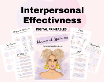 May include: A digital printable workbook journal with the title "Interpersonal Effectiveness Workbook Journal". The cover features a cartoon illustration of a woman with blonde hair and yellow earrings. The background is a purple and white floral pattern.