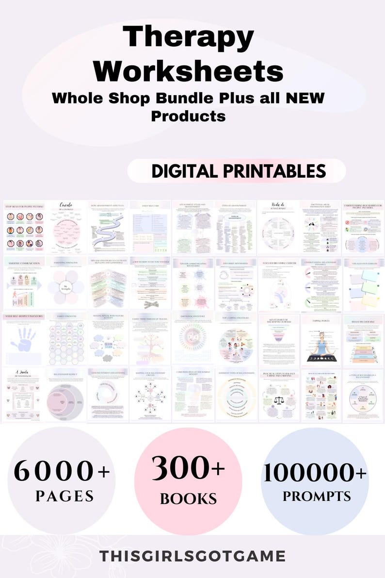 Puede incluir: Un collage de hojas de trabajo de terapia imprimibles digitales con un esquema de color rosa y blanco. El texto "Therapy Worksheets" est&aacute; en la parte superior de la imagen. El texto "Whole Shop Bundle Plus all NEW Products" est&aacute; debajo del t&iacute;tulo. El texto "DIGITAL PRINTABLES" est&aacute; en un rect&aacute;ngulo rosa en el medio de la imagen. El texto "6000+ PAGES" est&aacute; en un c&iacute;rculo blanco con un borde rosa. El texto "300+ BOOKS" est&aacute; en un c&iacute;rculo rosa con un borde blanco. El texto "100000+ PROMPTS" est&aacute; en un c&iacute;rculo azul claro con un borde blanco. El texto "THISGIRLSGOTGAME" est&aacute; en la parte inferior de la imagen.