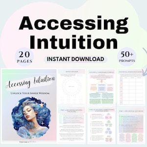 May include: A digital download guide titled "Accessing Intuition: Unlock Your Inner Wisdom" with 20 pages and 50+ prompts. The cover features a woman with blue hair and a starry background.