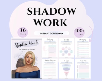 May include: A digital shadow work exercise journal featuring a cover with a blonde person in a blue top and multiple interior pages with sections for analyzing, benefits, identifying, self-care, types, and forgiveness, labeled 36 PG'S and 100+ TIPS.