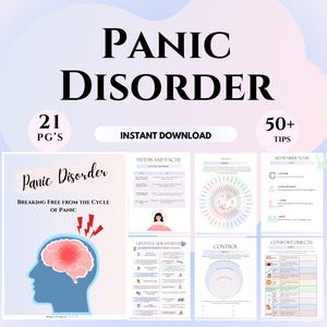 Puede incluir: Una guía digital descargable para gestionar el trastorno de pánico. La guía incluye 21 páginas de información, más de 50 consejos y un diagrama del ciclo del pánico. La portada presenta una ilustración de dibujos animados de un cerebro con una mancha roja y rayos.