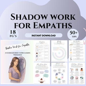 May include: A digital download titled "Shadow Work for Empaths" with the text "A Guided Journey to Reclaiming Wholeness." The image includes 18 pages and over 50 tips. The design features a woman in a purple shirt and a mirror.