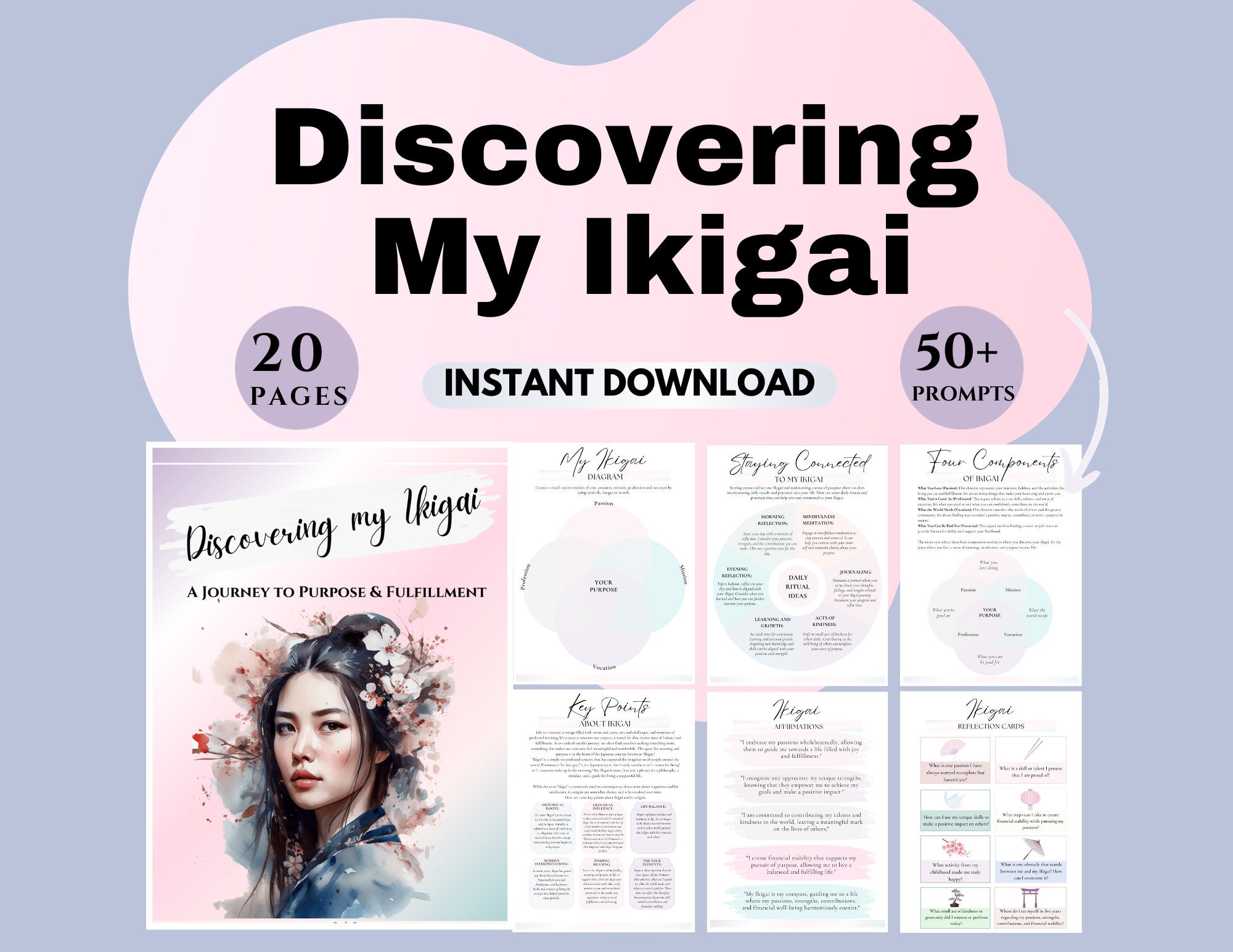 Ikigai worksheets Life purpose Passion discovery Self-reflection Purposeful journey self-discovery Identity exploration planner printables