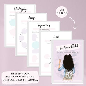 Pu&ograve; includere: Un diario intitolato "My Inner-Child Healing Reflection Journal" con un'illustrazione di copertina di una persona che fa il segno della pace. Il diario &egrave; circondato da pagine con suggerimenti e il testo "Identifying", "Unsafe" e "Supporting". Il diario ha 20 pagine.