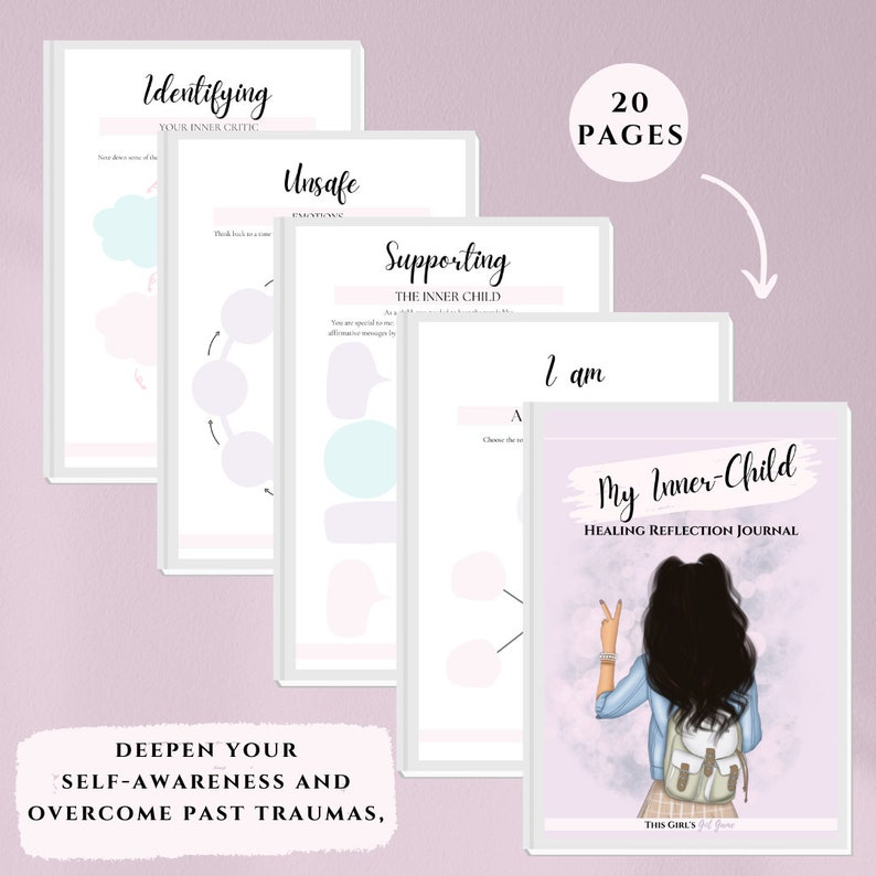 Pu&ograve; includere: Un diario intitolato "My Inner-Child Healing Reflection Journal" con un'illustrazione di copertina di una persona che fa il segno della pace. Il diario &egrave; circondato da pagine con suggerimenti e il testo "Identifying", "Unsafe" e "Supporting". Il diario ha 20 pagine.