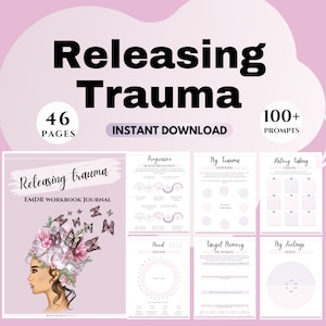Może przedstawiać: Cyfrowy dziennik ćwiczeń z różowo-białym wzorem kwiatowym i tekstem "Releasing trauma EMDR Workbook Journal". Dziennik zawiera 46 stron i ponad 100 podpowiedzi, które pomagają w odzyskaniu po traumie.